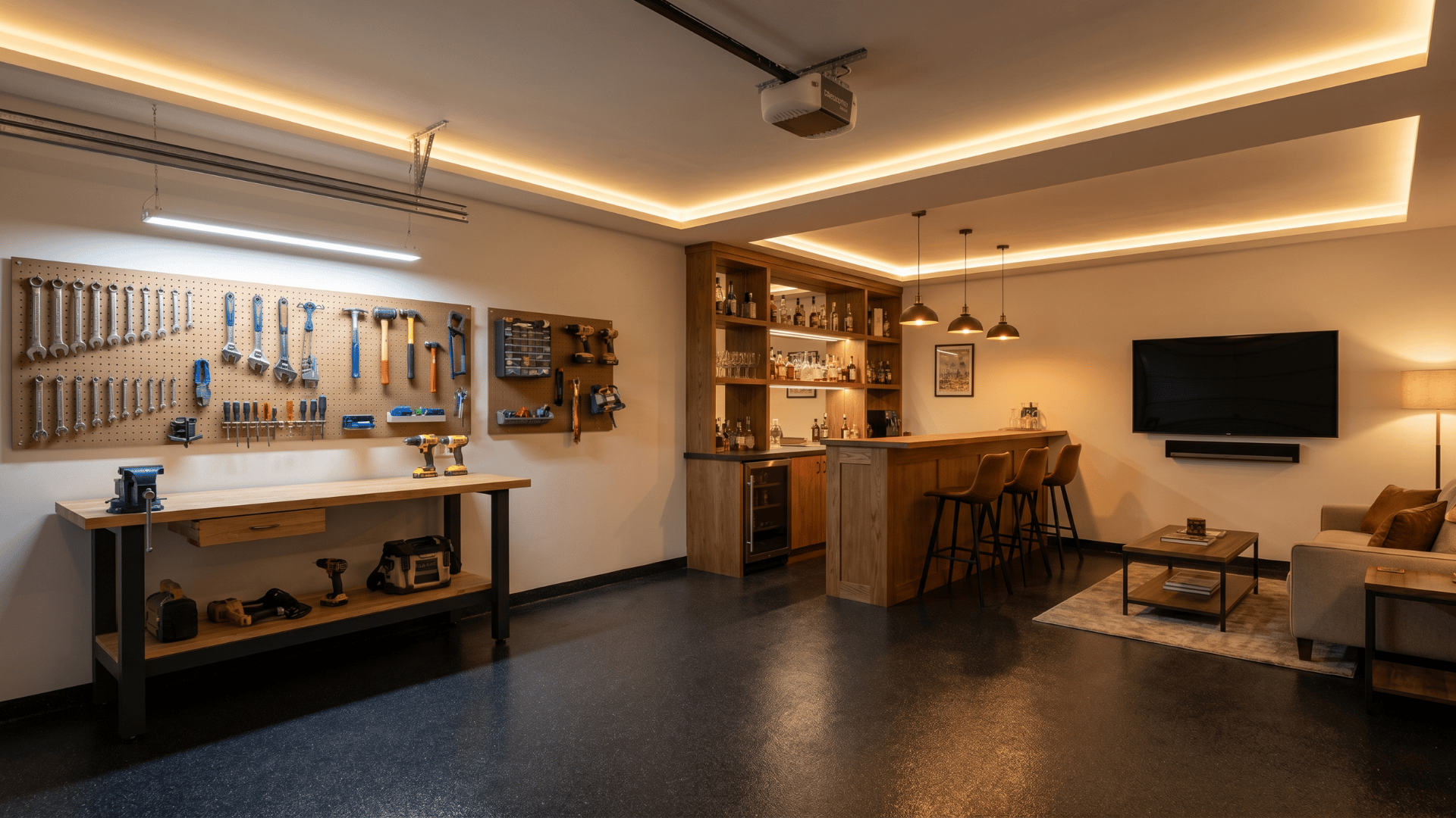 Garage man cave with workshop and bar zones