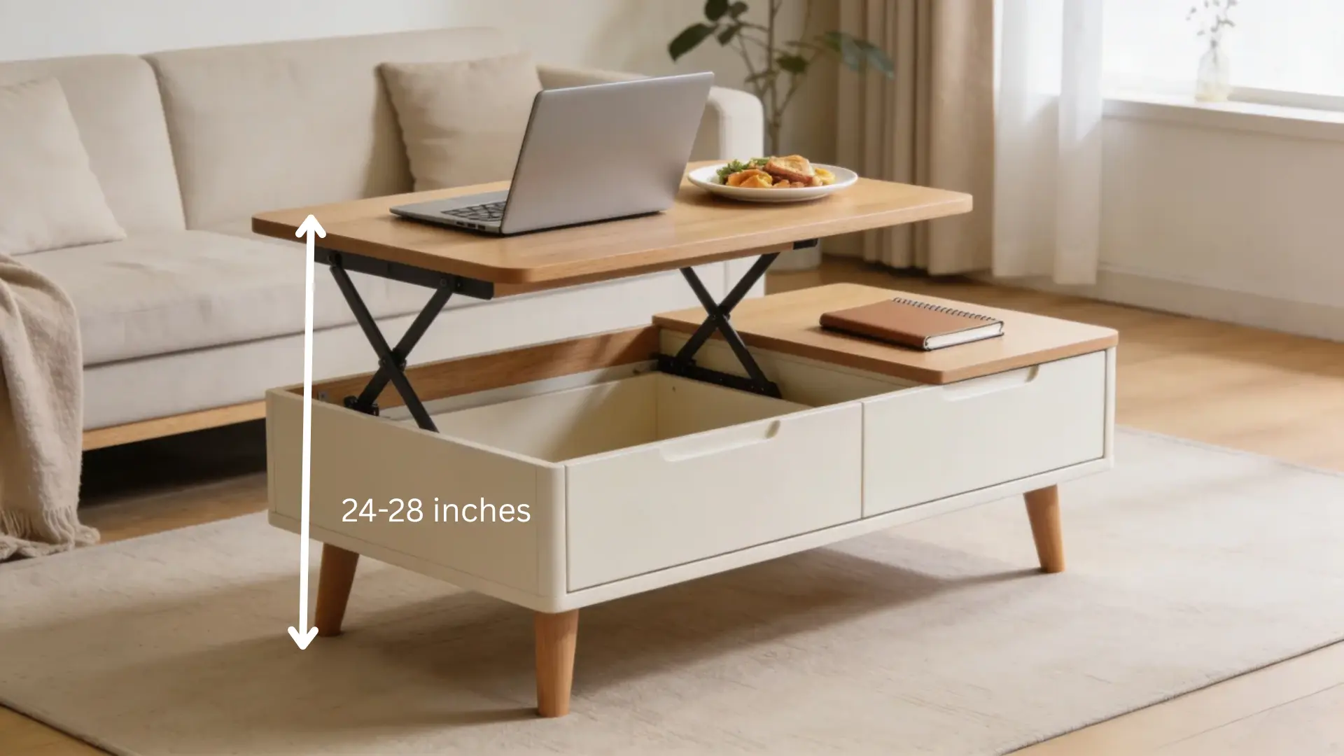 Lift-top coffee table with hidden storage, raised work surface, laptop, and snack plate in a modern living room setup