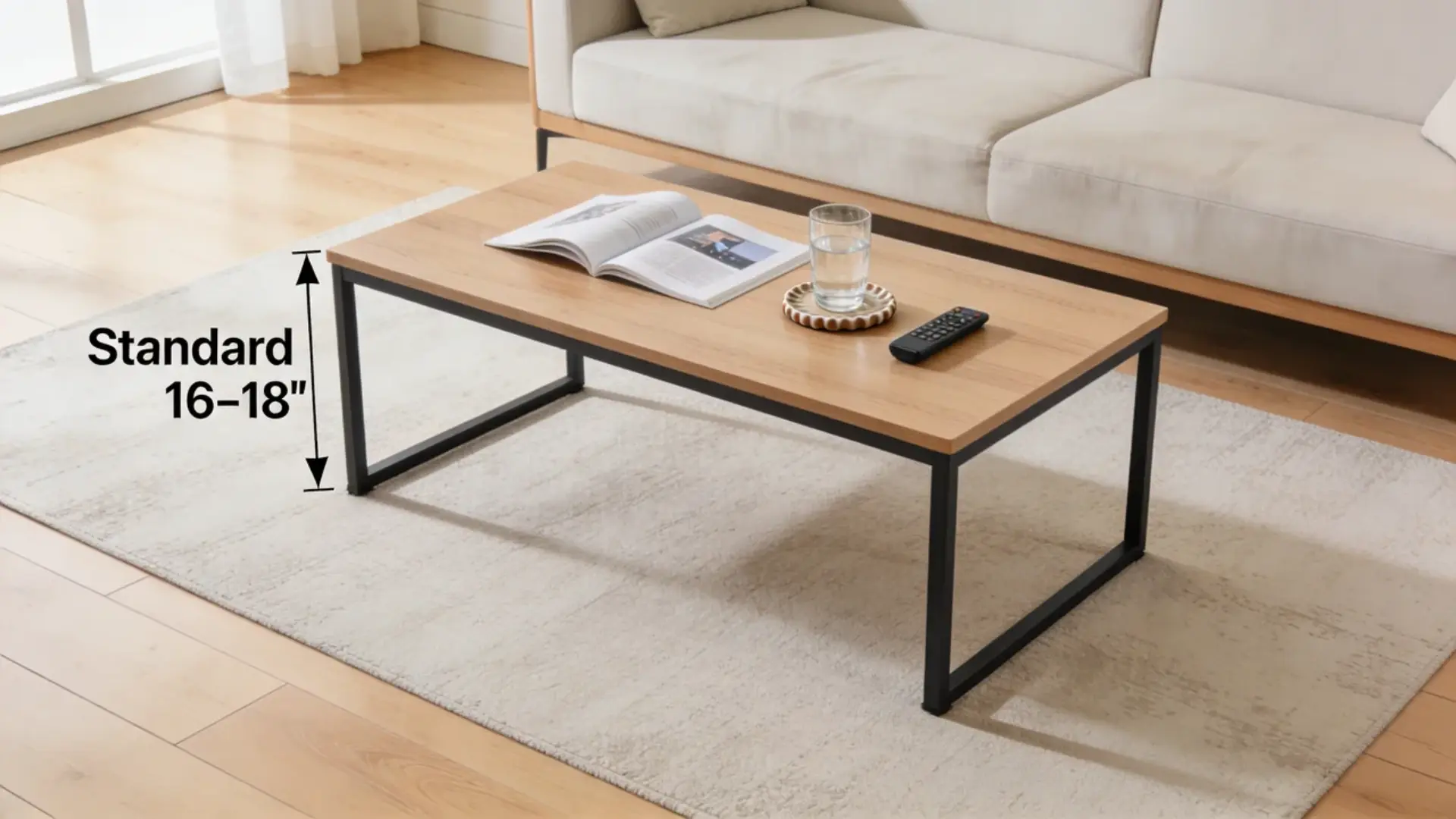 Modern coffee table beside sofa showing standard 16–18 inch table height