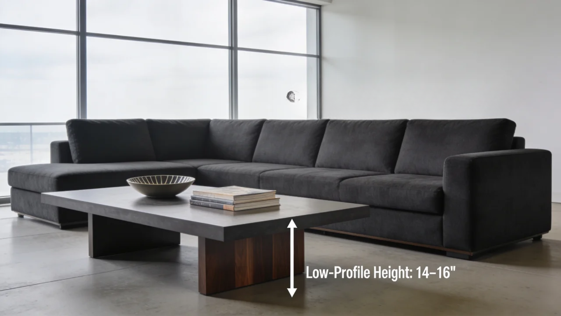 Modern living room with a low-profile coffee table measuring 14–16 inches high
