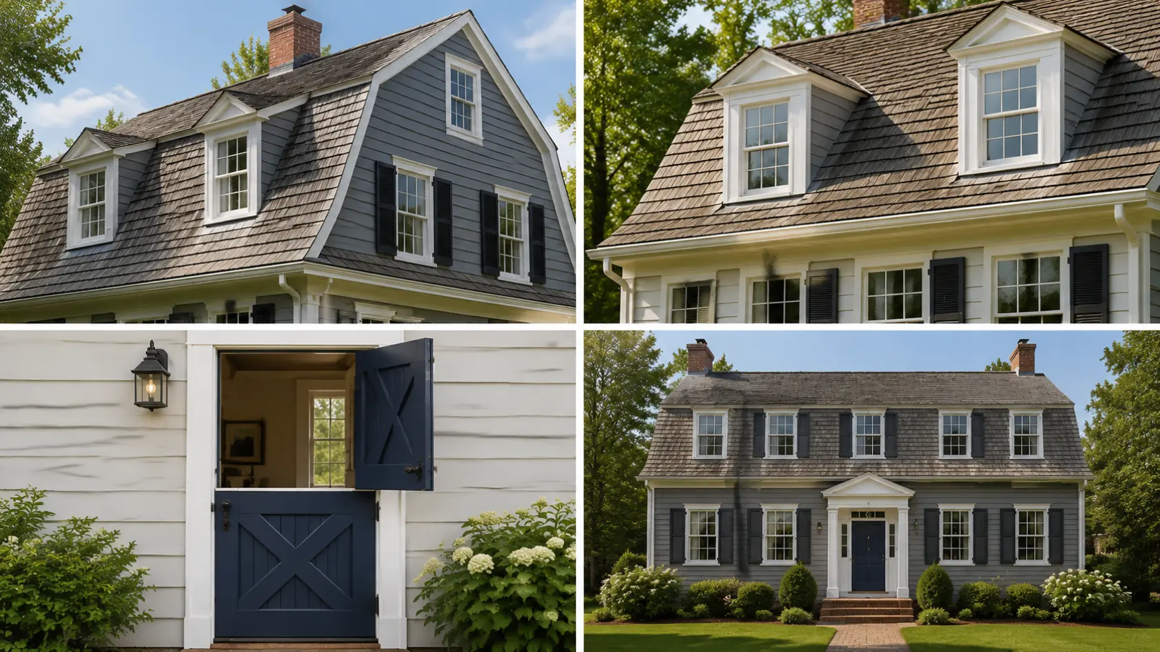 Photorealistic collage of a Dutch Colonial house showing gambrel roof, Dutch door, and facade.