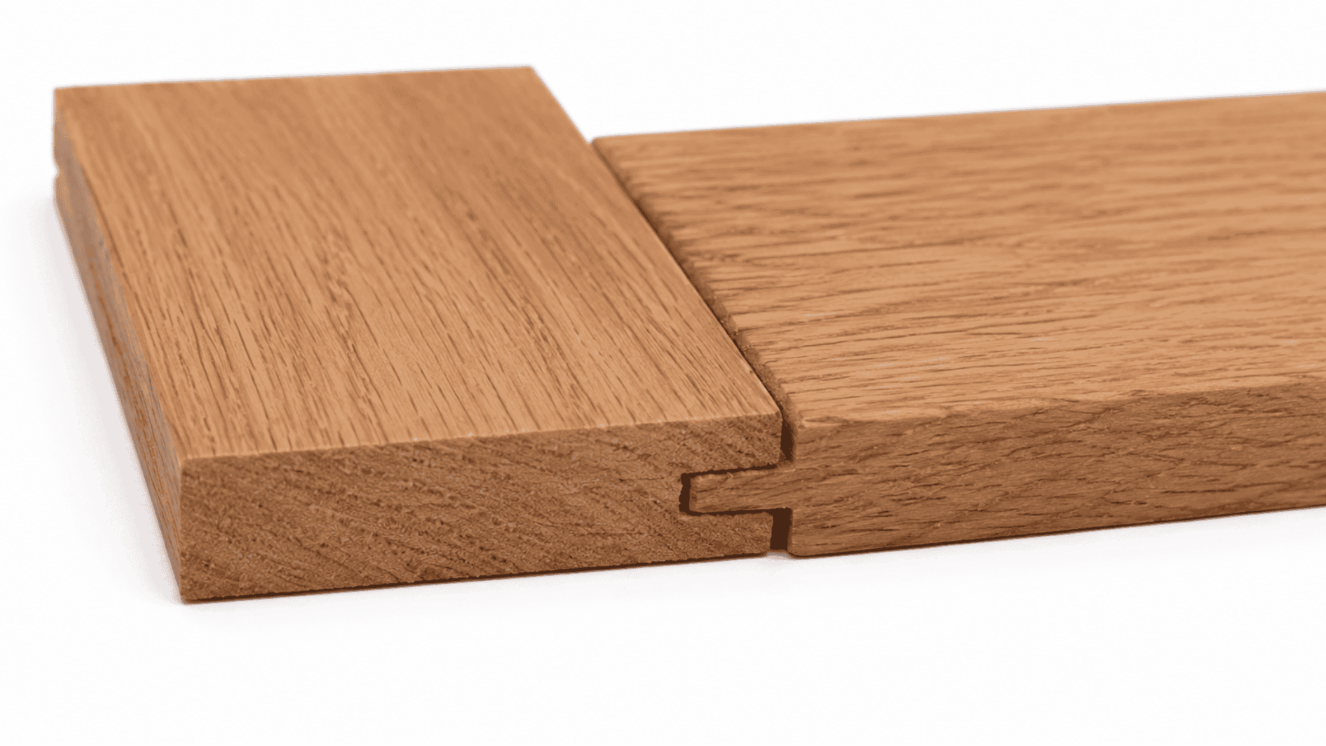 Realistic tongue and groove wood joint with two oak boards connected on a white background