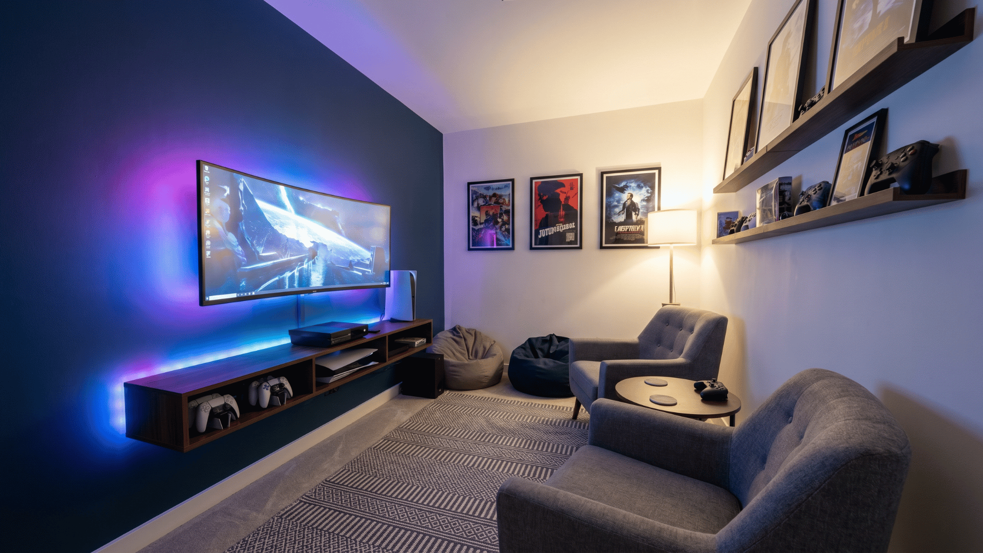 Small gaming den with wall-mounted screen, seating, and floating shelves