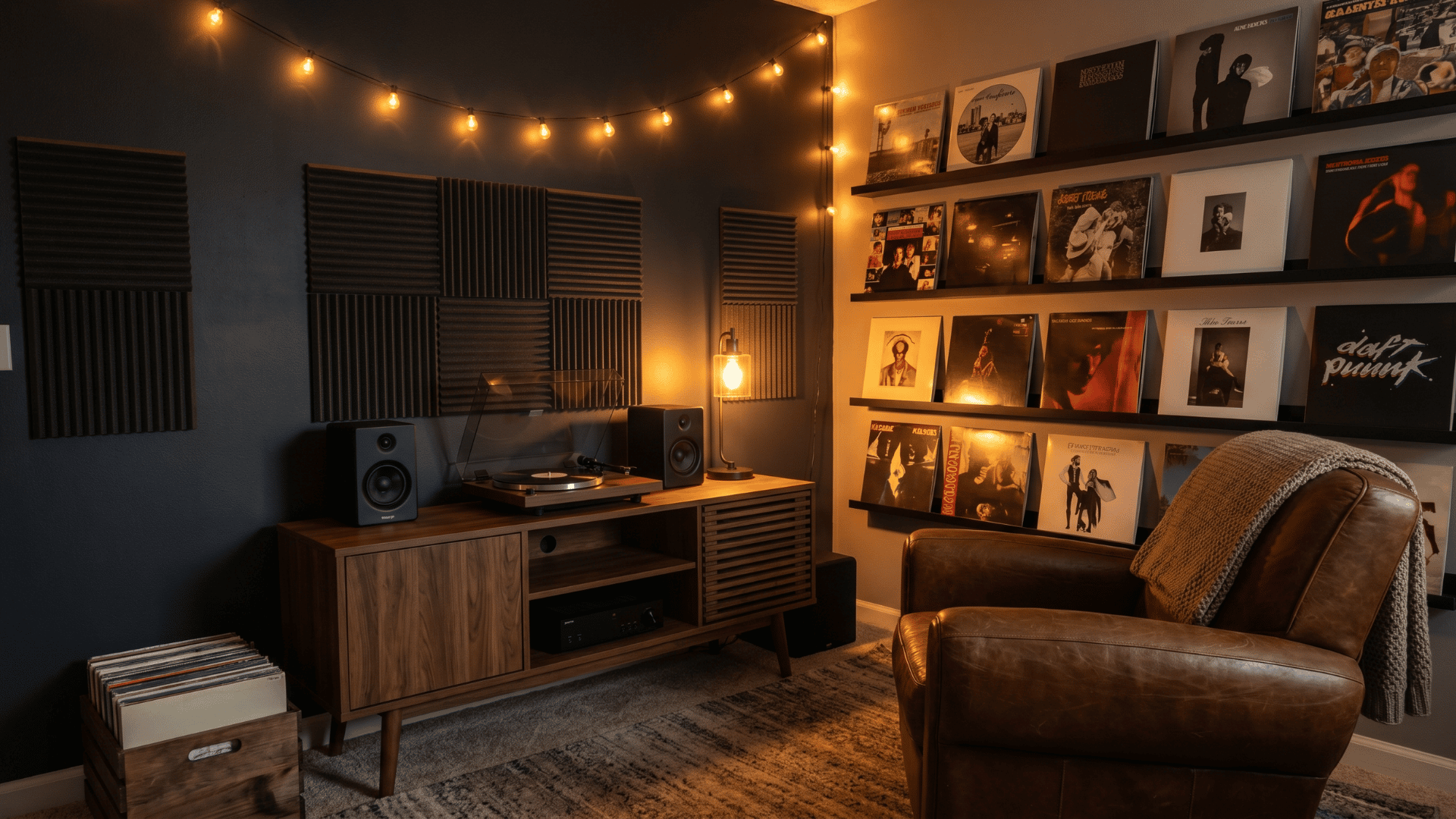 Small music-themed man cave corner with vinyl records, speakers, and warm lighting