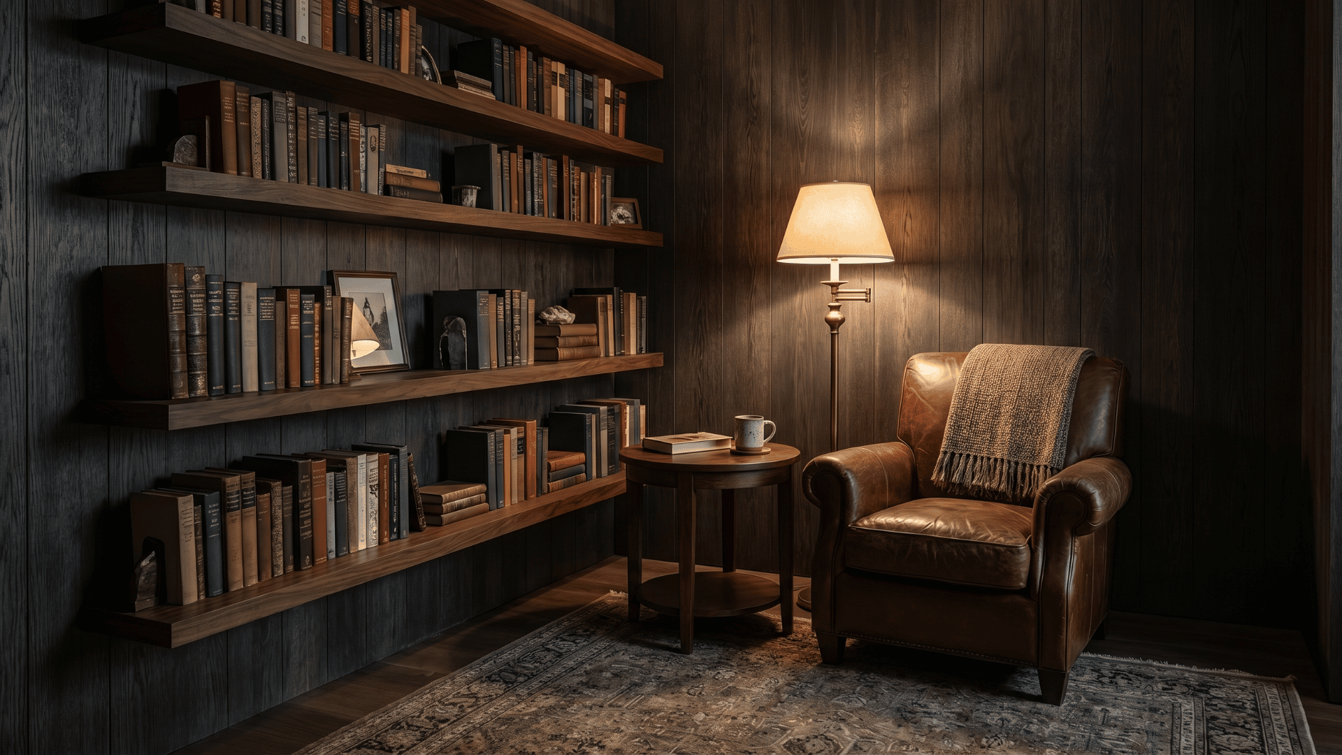Small reading-focused man cave with leather chair, warm lighting, and floating bookshelves