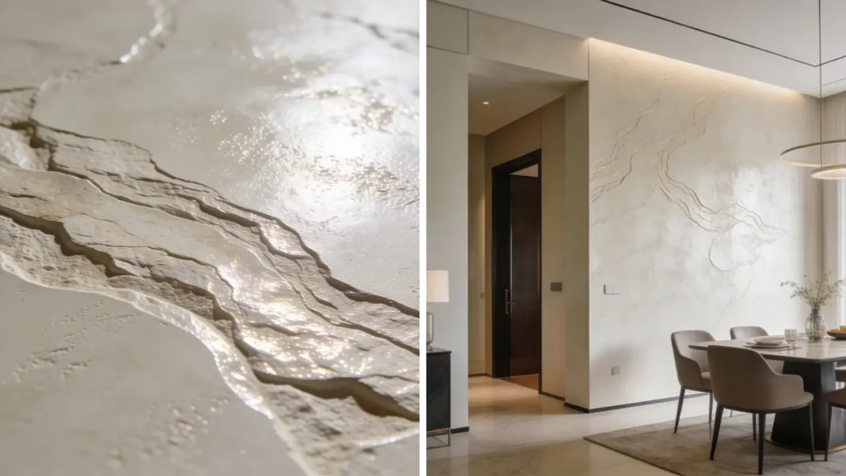 Split view showing close-up of Venetian plaster texture and full accent wall with polished finish