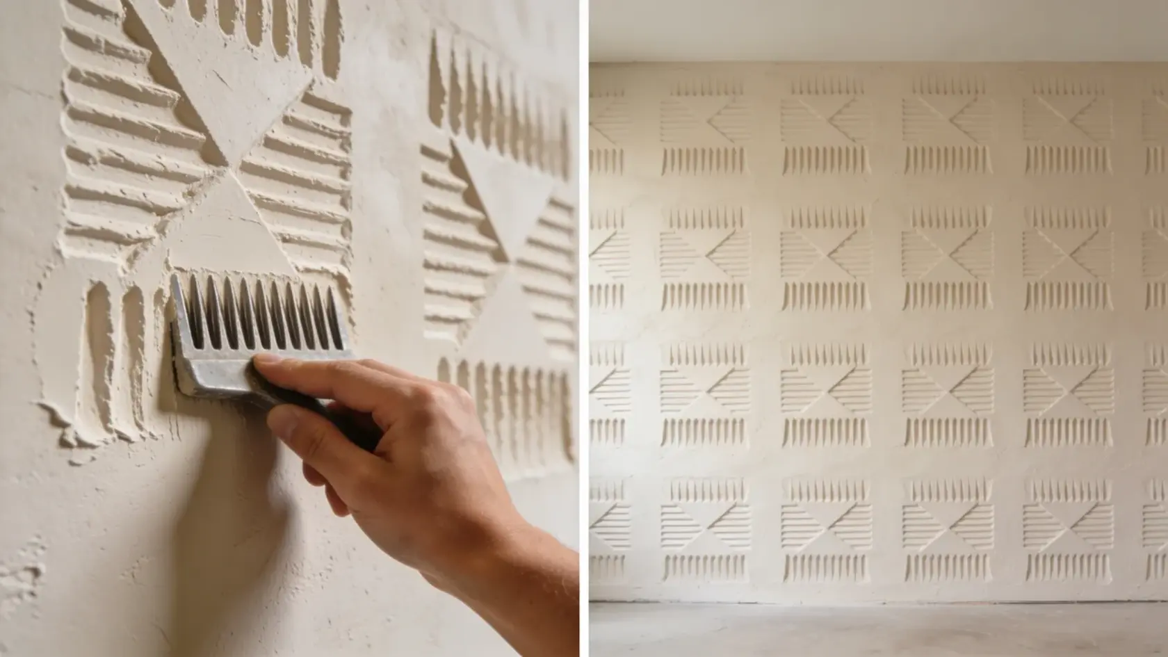 Split view showing close-up of comb texture being applied and full wall with repeating geometric pattern