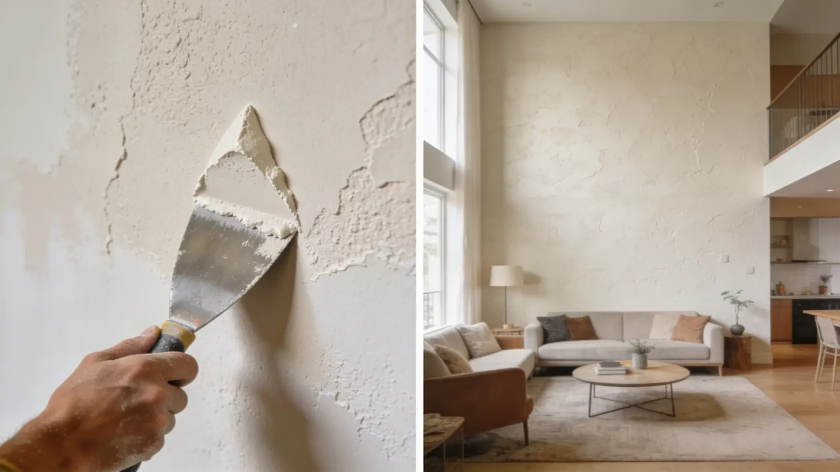 Split view showing close-up of knockdown texture application and full room with finished wall texture