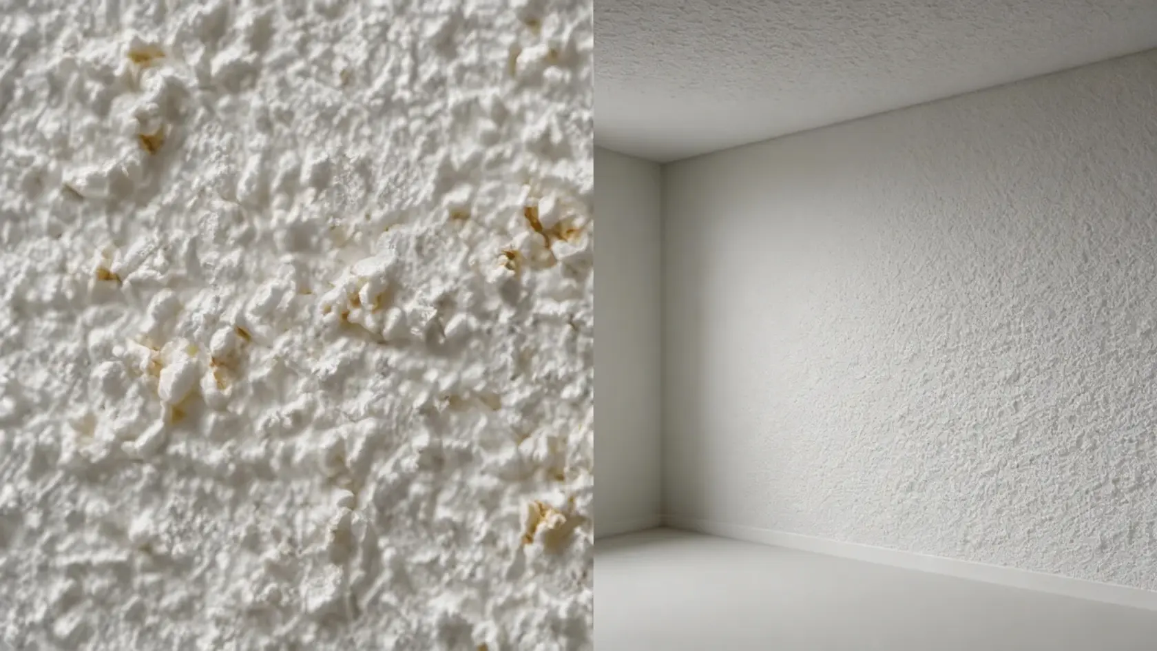 Split view showing close-up of popcorn texture and full wall or ceiling with rough, bumpy finish