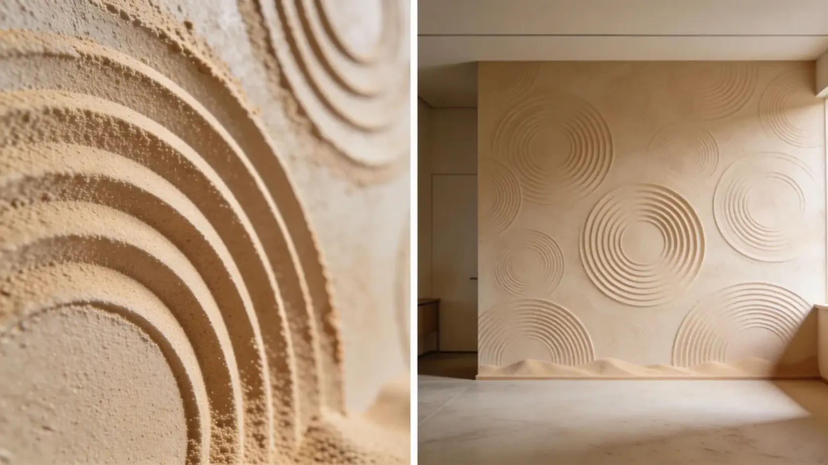 Split view showing close-up of sand swirl texture being applied and finished wall in a neutral-toned room