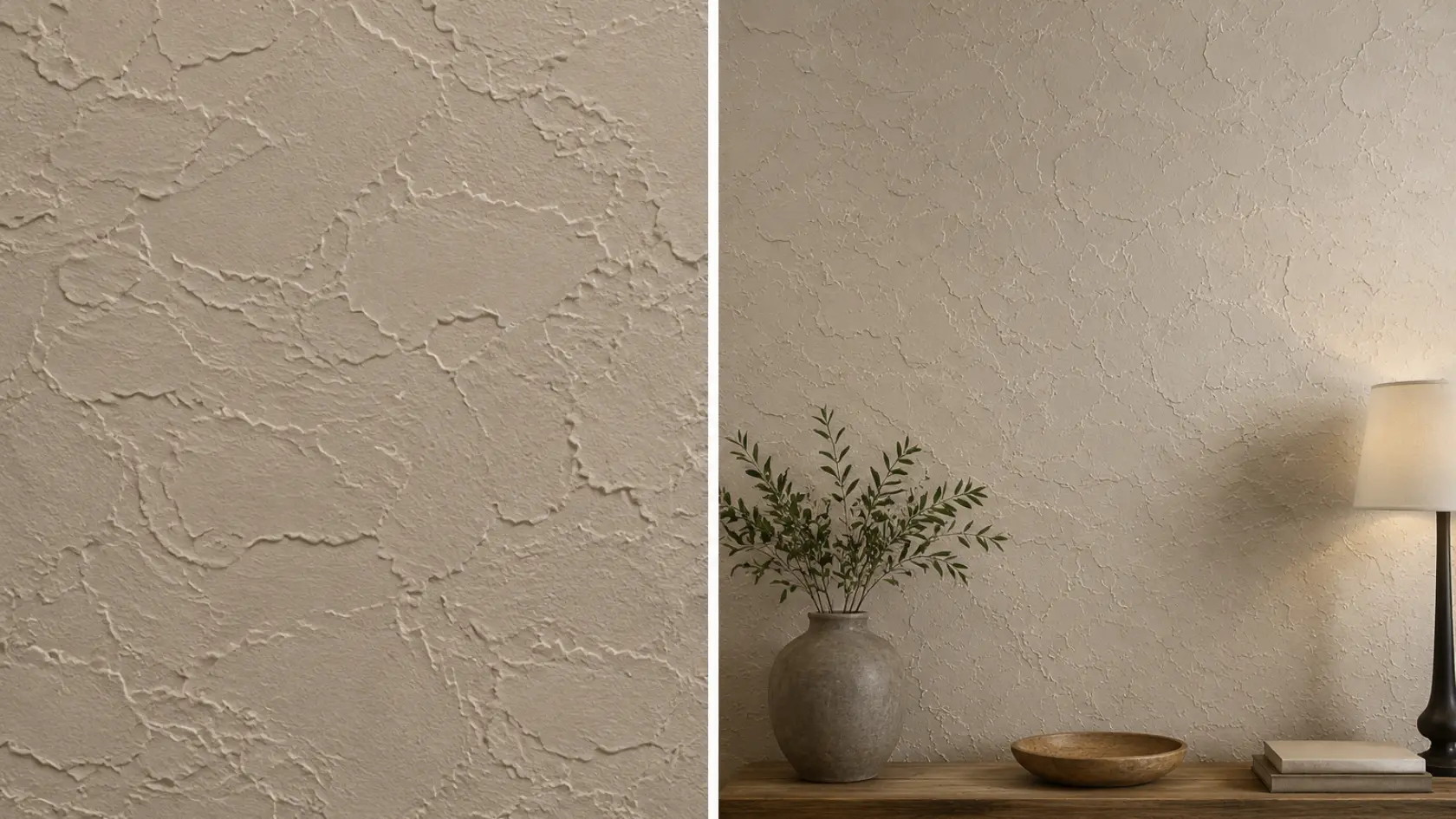 Split view showing close-up of skip trowel texture application and finished wall with organic, irregular patches