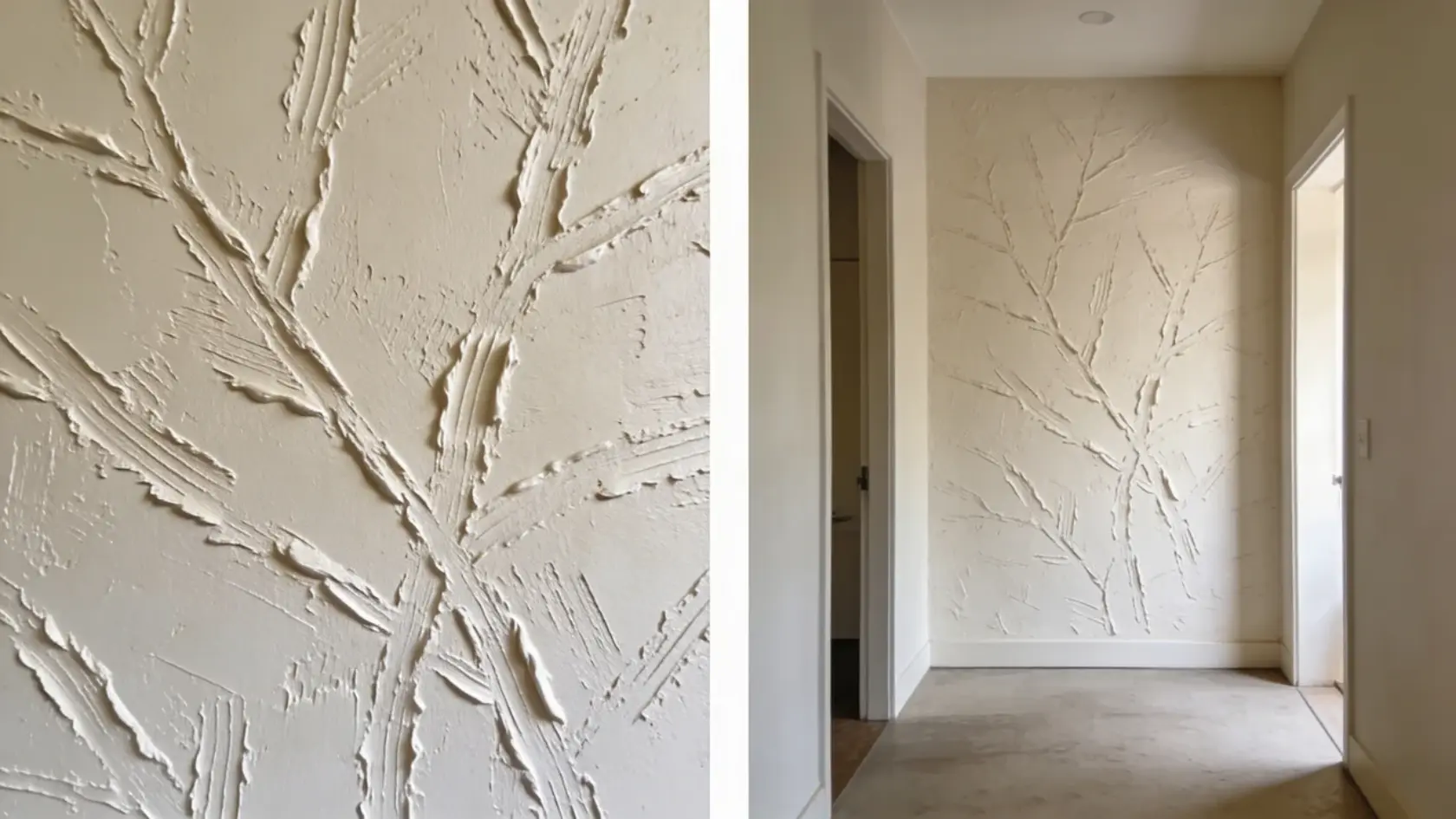 Split view showing close-up of slap brush texture and full wall with irregular raised pattern