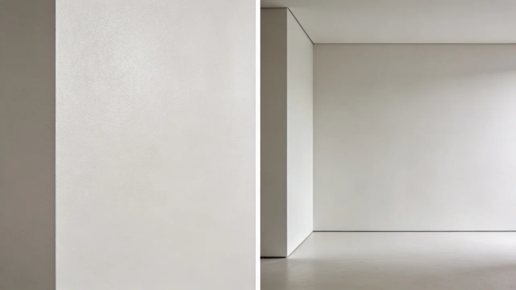 Split view showing close-up of smooth wall surface and full wall in a minimalist room