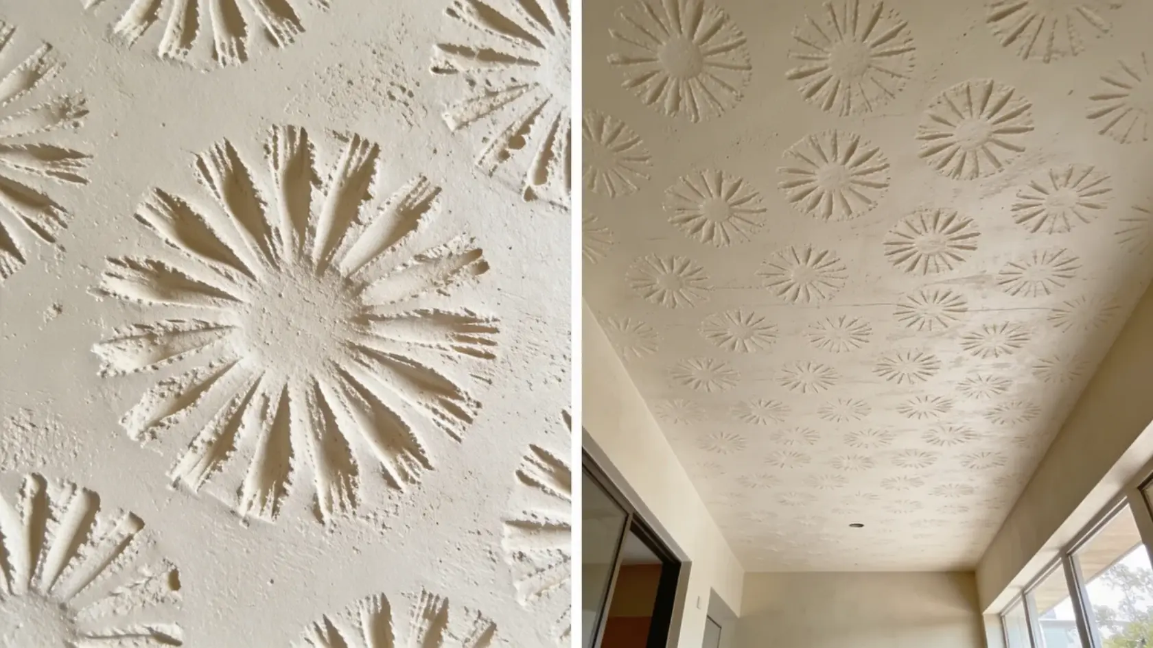 Split view showing close-up of stomp brush pattern and ceiling with repeated stamped texture