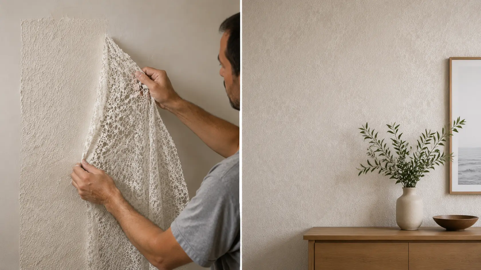 Split view showing person applying lace texture on the left and finished textured wall in a minimalist room on the right