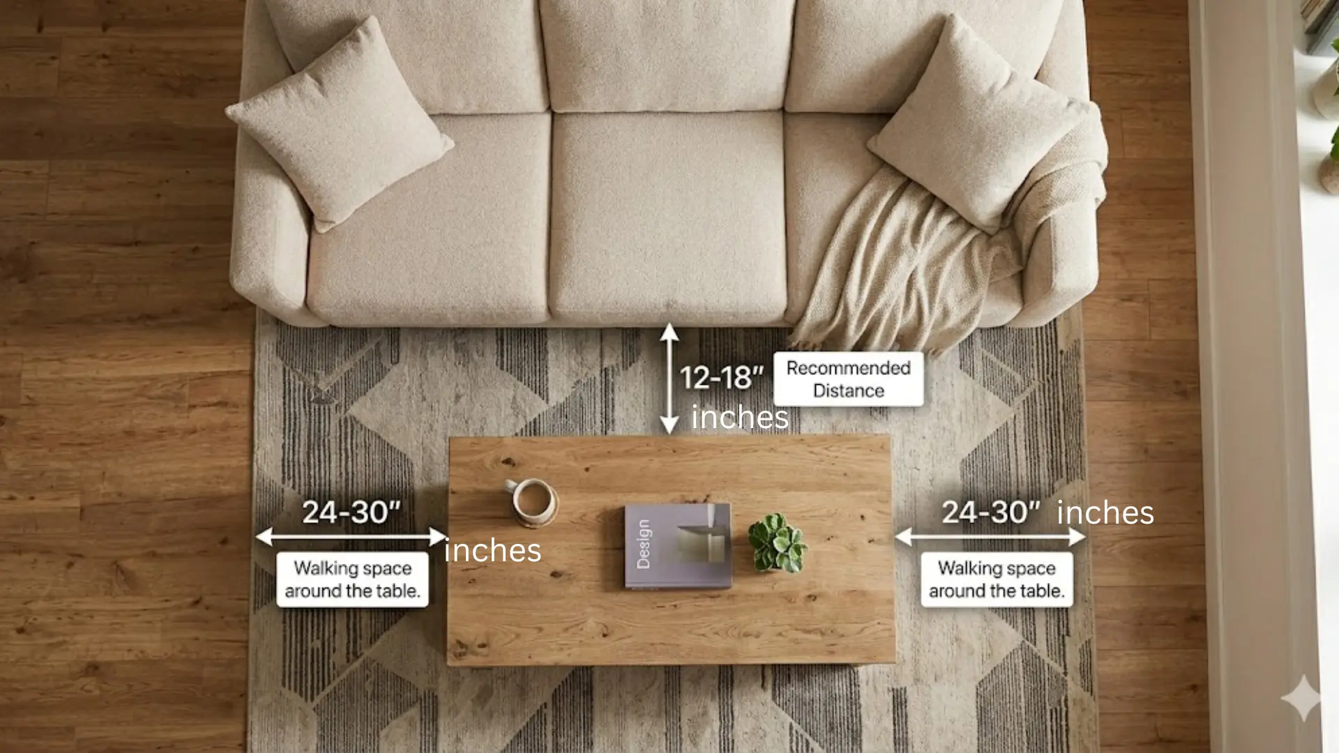 Top view of sofa and coffee table showing ideal spacing with 12–18 inch reach distance and 24–30 inch walking clearance around the table