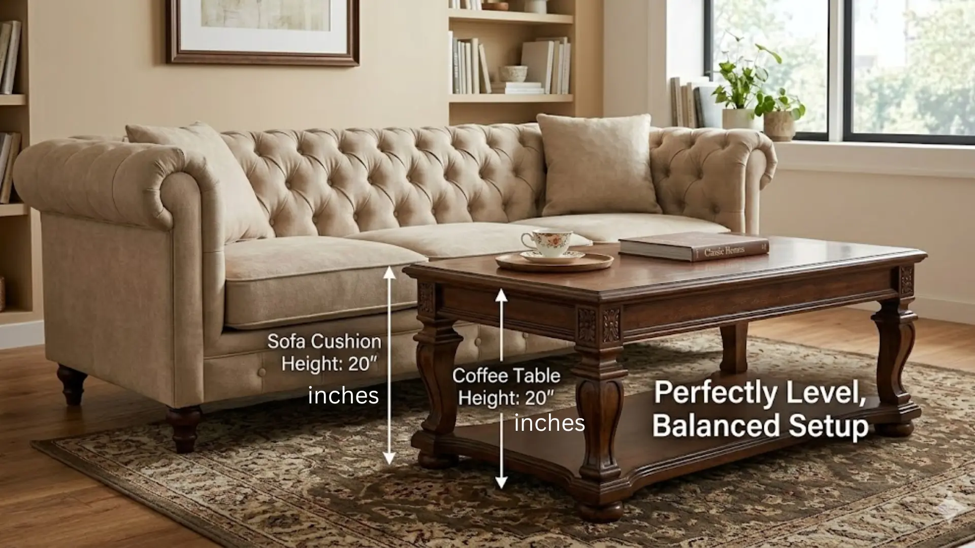 Traditional living room with matching 20-inch sofa cushion and coffee table heights creating a balanced and level furniture setup
