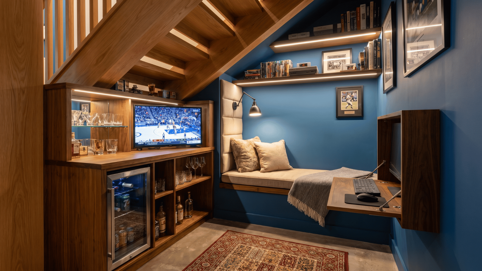 Under-stair man cave with reading nook and mini bar setup
