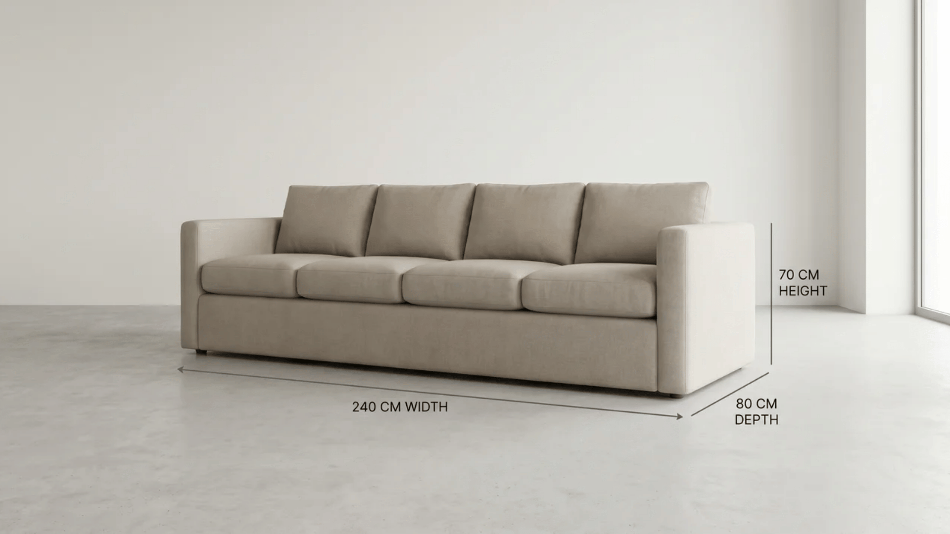 Wide four-cushion sofa viewed at an angle with measurement line across its full width and open floor space on both sides.