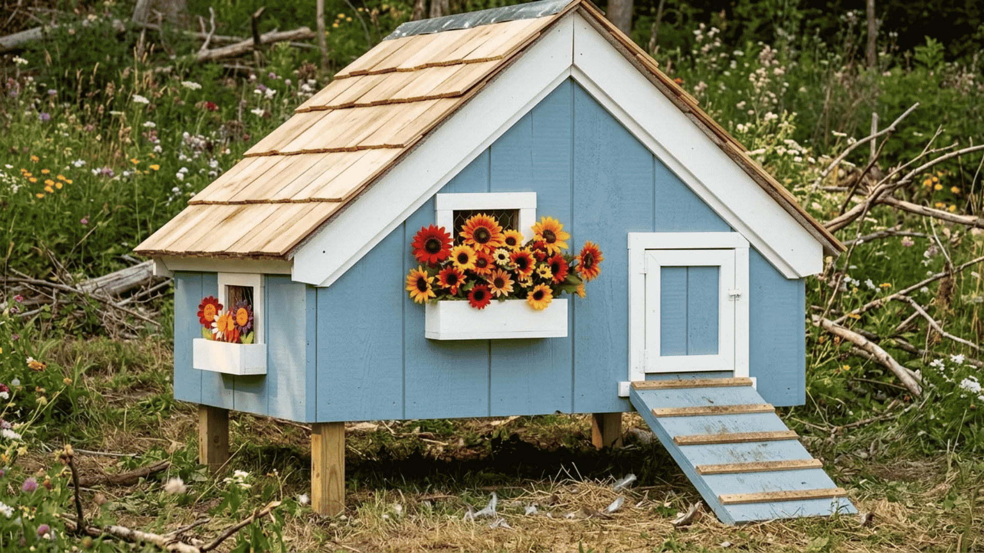 A blue duck house WITH white borders.