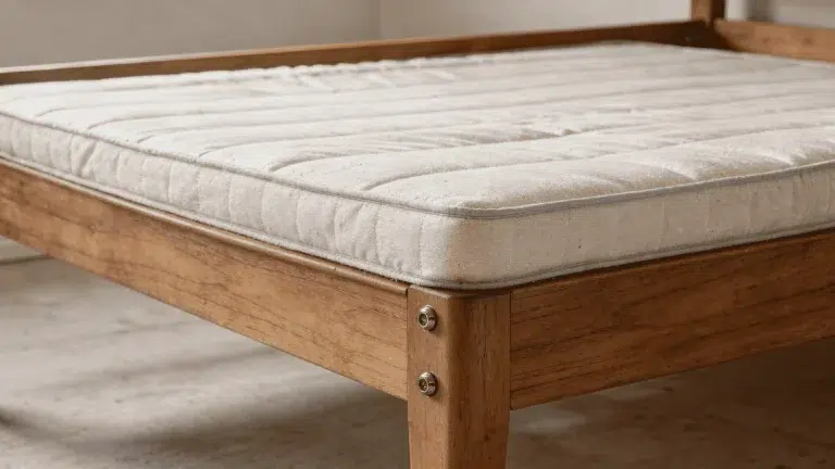A close-up of a wooden bed frame with a beige quilted mattress, showing exposed silver bolts on a corner leg.