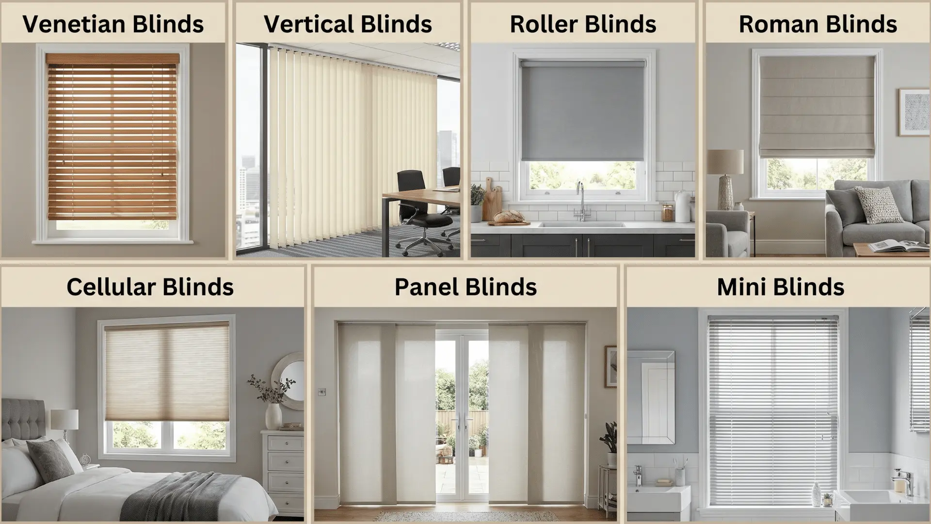 A collage showing seven types of blinds—Venetian, Vertical, Roller, Roman, Cellular, Panel, and Mini blinds—with each type clearly labeled.