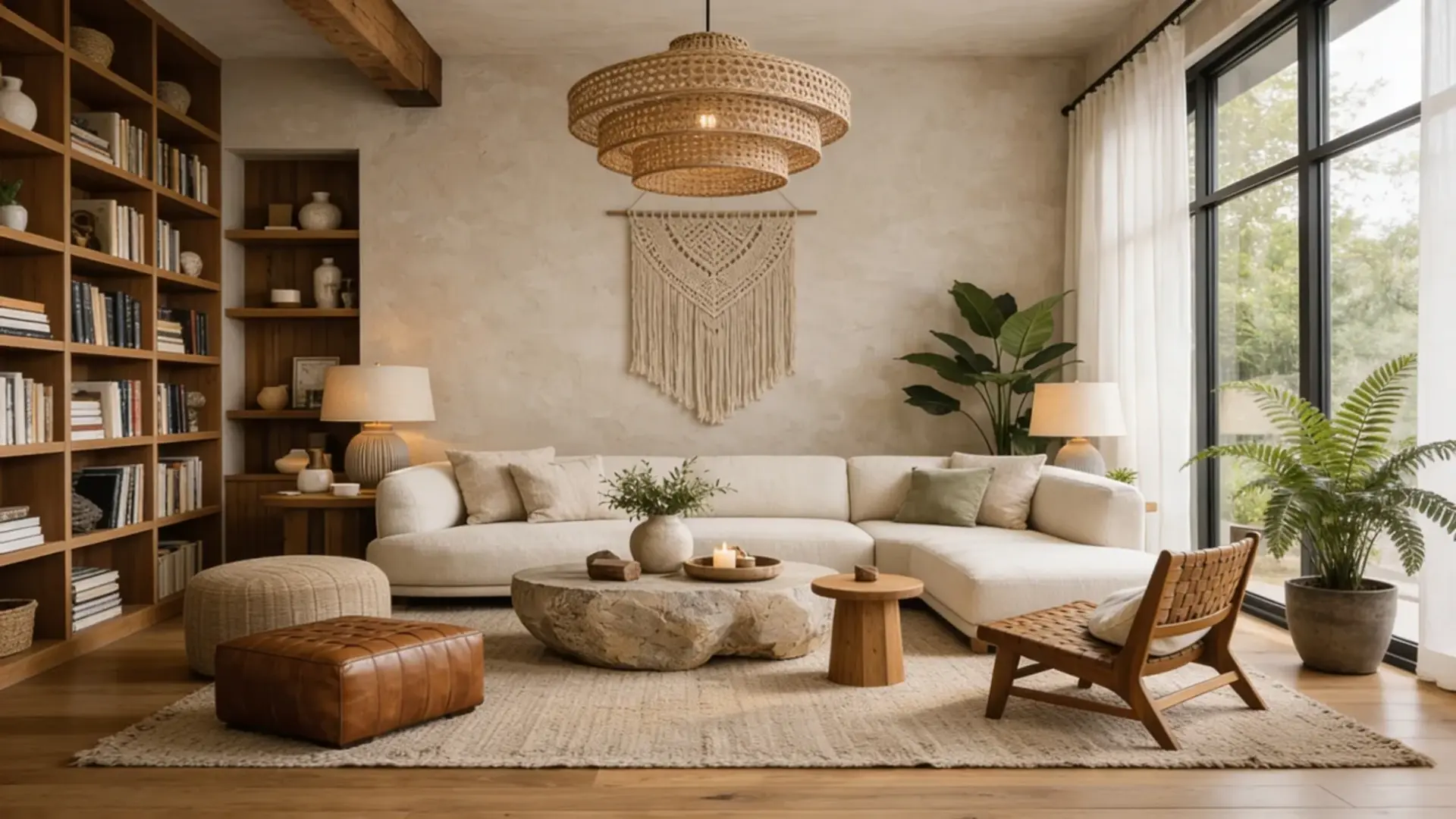 A cozy living room with a bohemian vibe, featuring a sectional sofa, rustic furniture, and natural lighting.