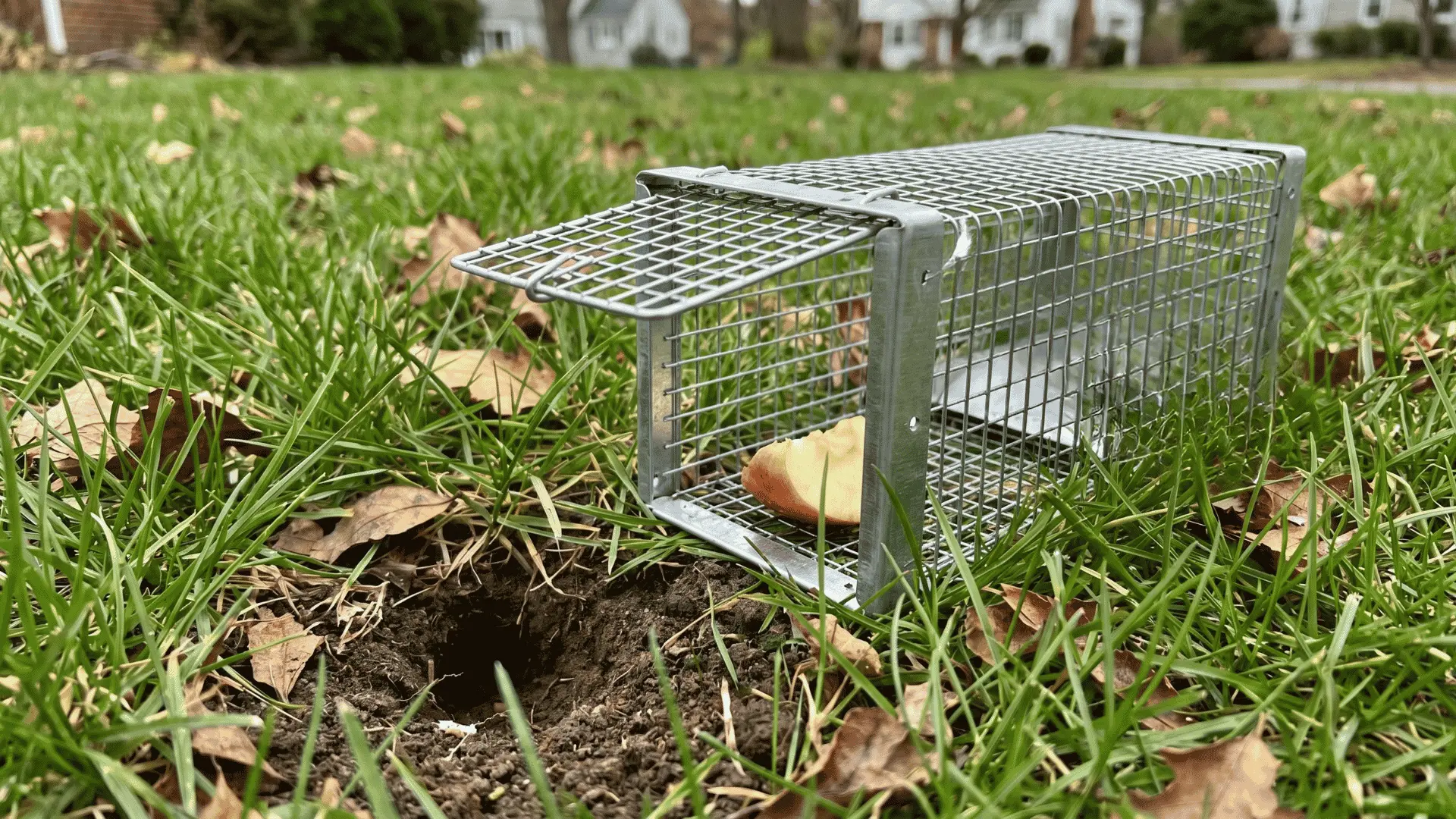 A live-capture trap set near a vole burrow entrance in a grassy yard, with bait inside to safely capture voles. (1)