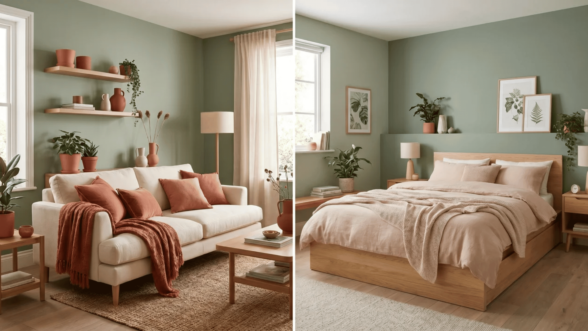 A living room with sage green walls, cream sofa, and terracotta accents, and a bedroom with blush bedding and natural wood furniture.