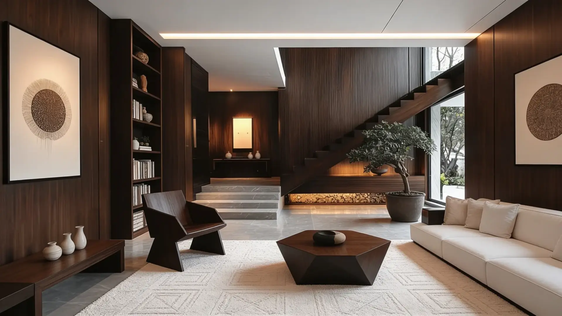 A modern living room with minimalist decor, a geometric coffee table, and a sleek staircase.