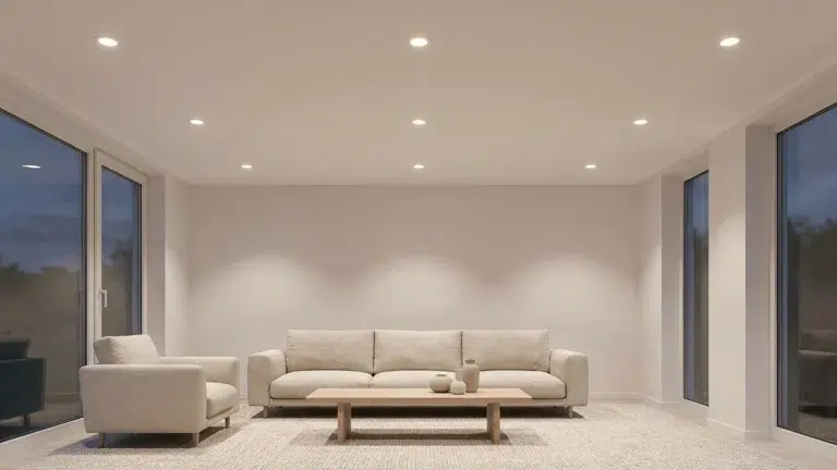A modern living room with recessed lights subtly illuminating the ceiling and creating a soft, inviting ambiance.
