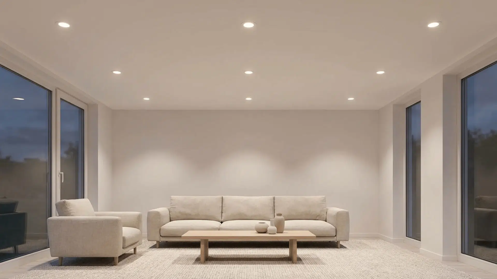 A modern living room with recessed lights subtly illuminating the ceiling and creating a soft, inviting ambiance.