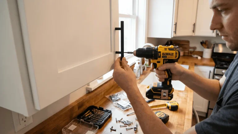 A person installing a black matte bar handle on a shaker-style cabinet in a kitchen, using a cordless drill.