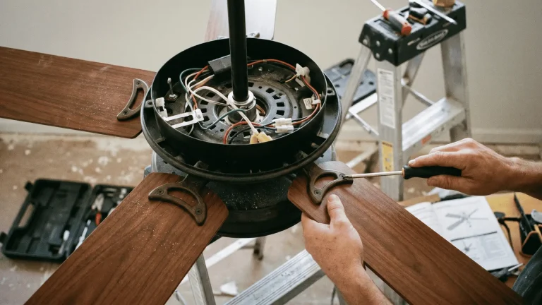 A person installing a ceiling fan, focusing on the motor housing and blades during the setup