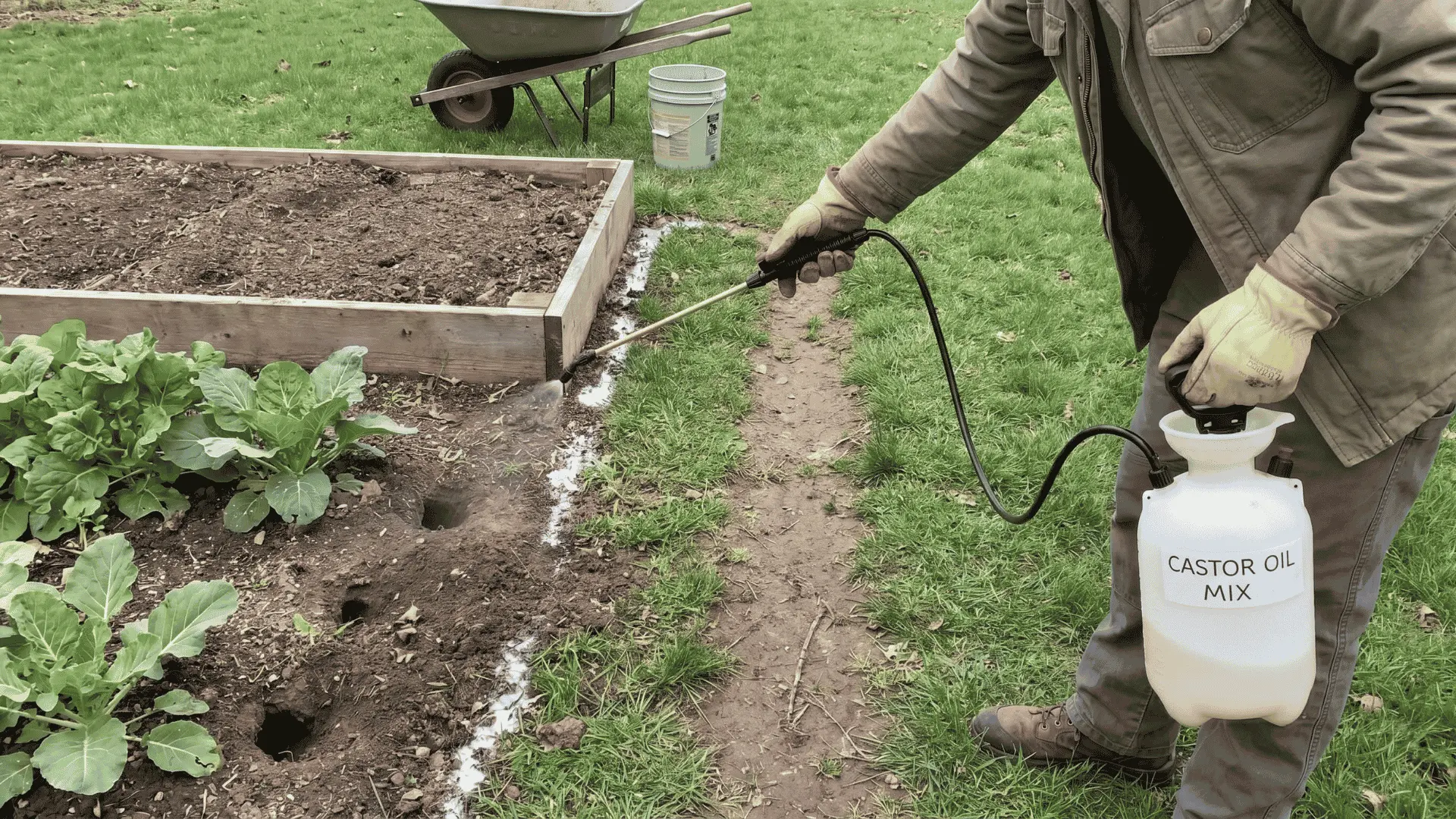 A person spraying a castor oil mixture around garden edges and surface runways to repel voles.