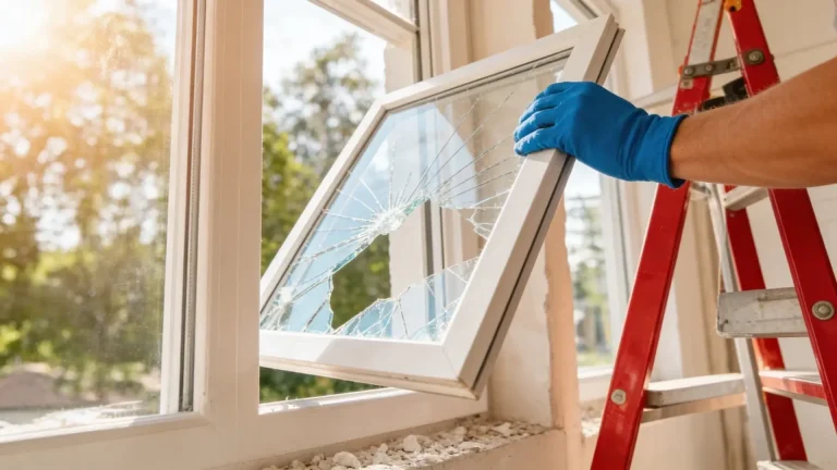 A person wearing blue gloves holds a broken window pane, preparing for replacement.