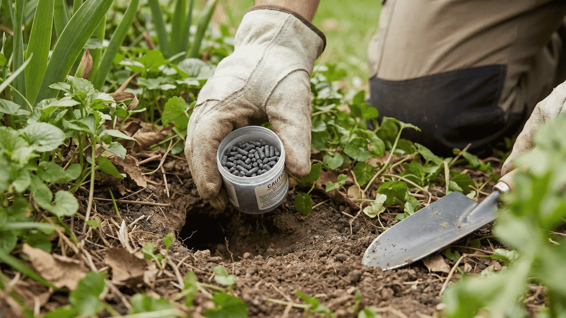 A rodenticide bait placed inside a vole burrow, with gloves shown to ensure safe handling.