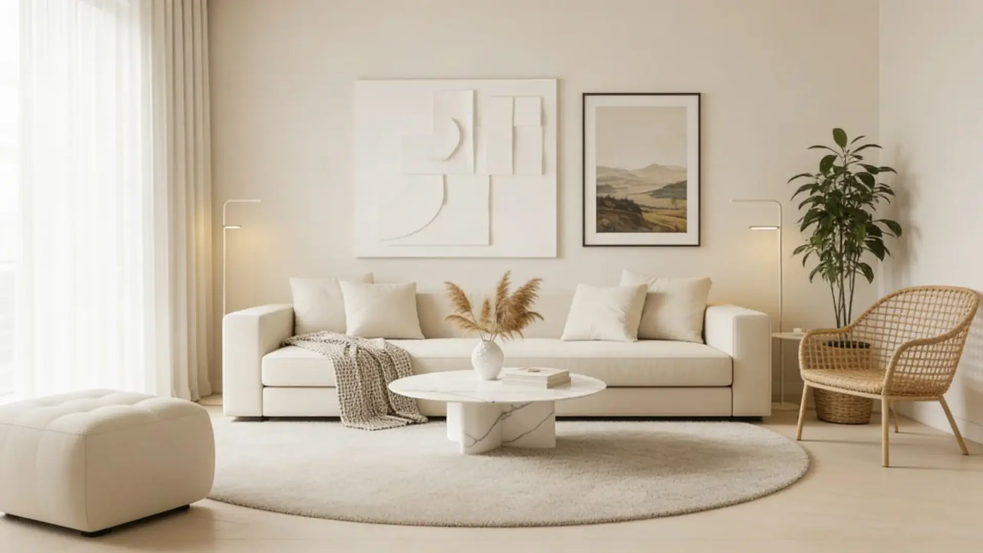 A serene and minimalistic living room with neutral colors, featuring a cozy sofa, marble coffee table, and decorative plants.