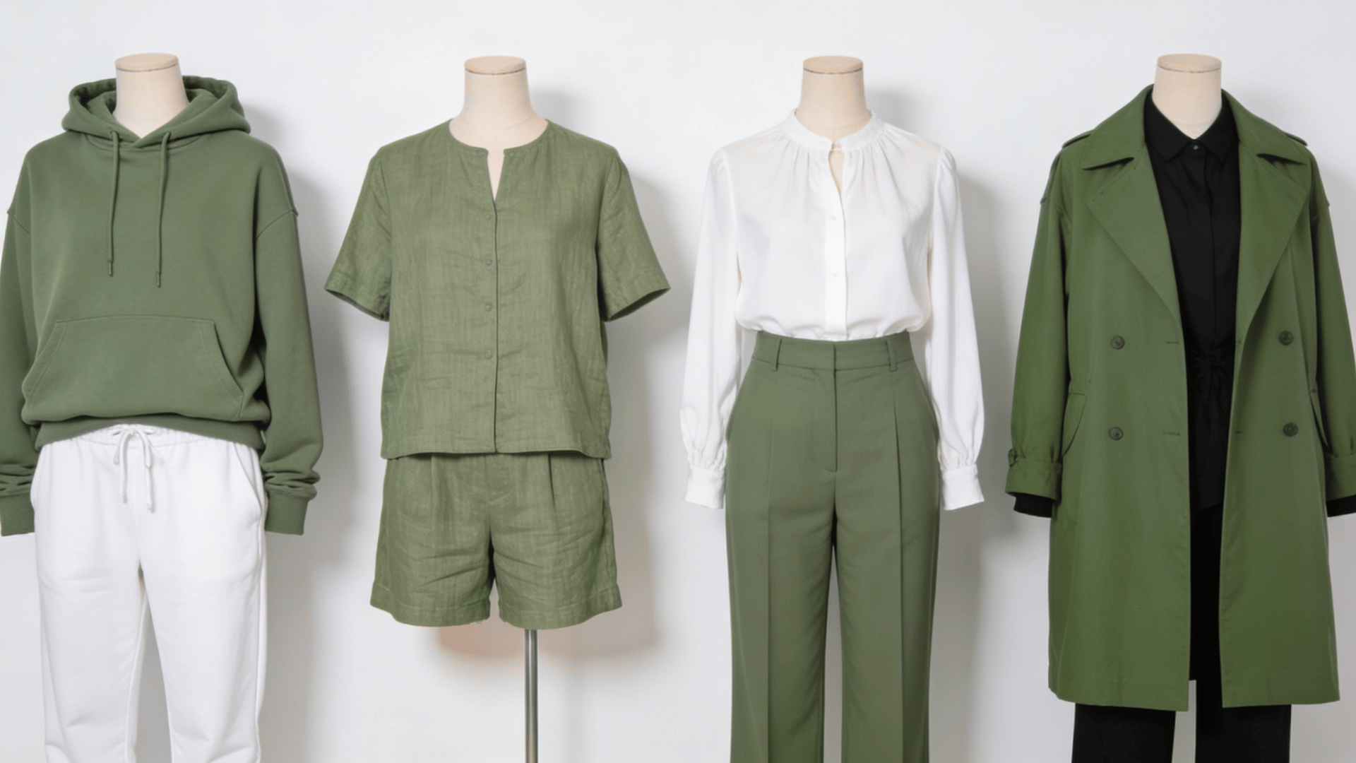 A variety of sage green outfits hoodie and joggers, linen set, trousers with a blouse, and a coat over an all-black outfit.