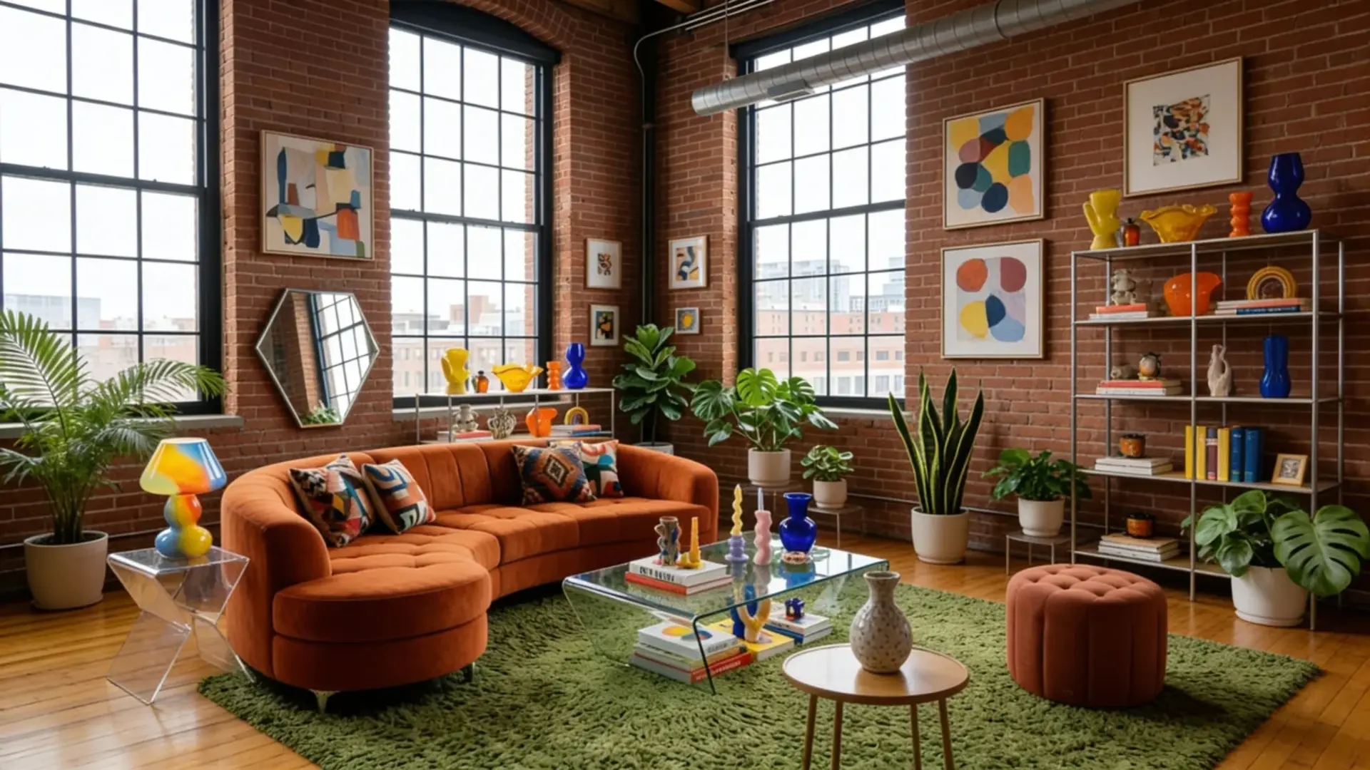 A vibrant industrial-style living room with colorful decor, plants, and large windows.