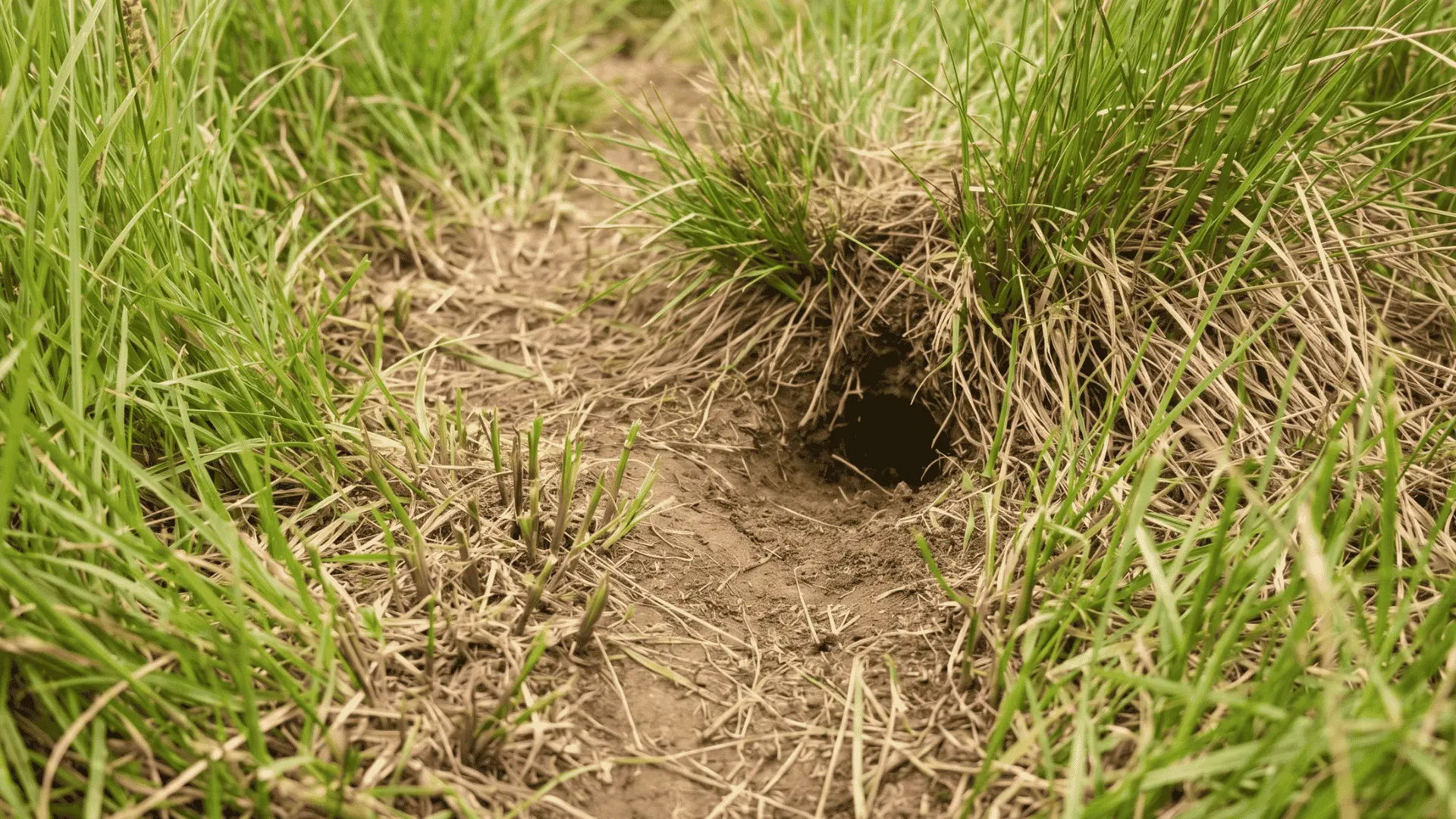 _A visible surface runway in grass, showing a worn path leading to a burrow, indicating vole activity.