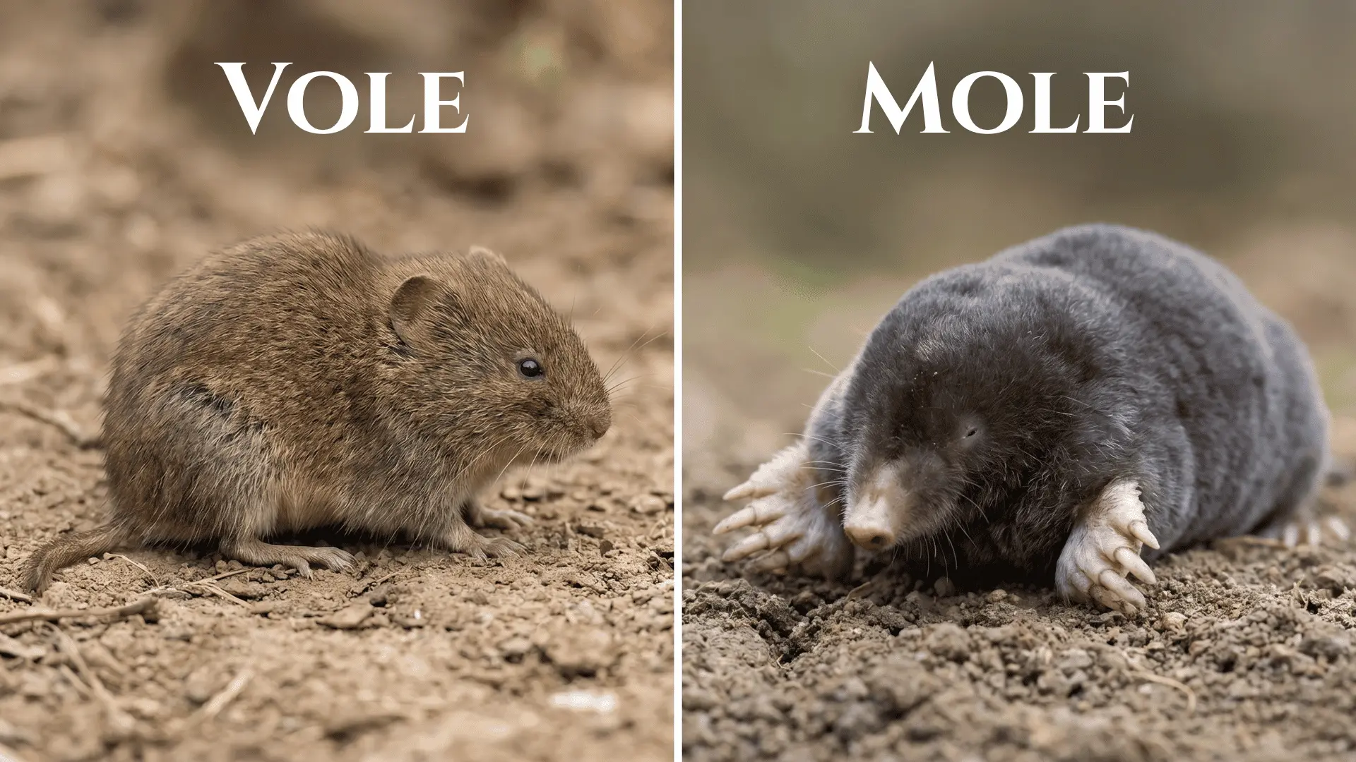 A vole and mole side by side, highlighting their physical differences vole with stocky body and furry tail, mole with cylindrical body and spade-like paws.