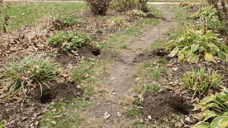 A yard showing chewed plants, burrows, and surface runways caused by vole activity.