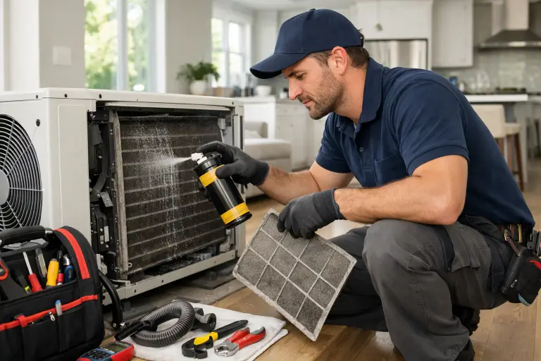 Technician cleaning air conditioner filter with spray in modern living room setting