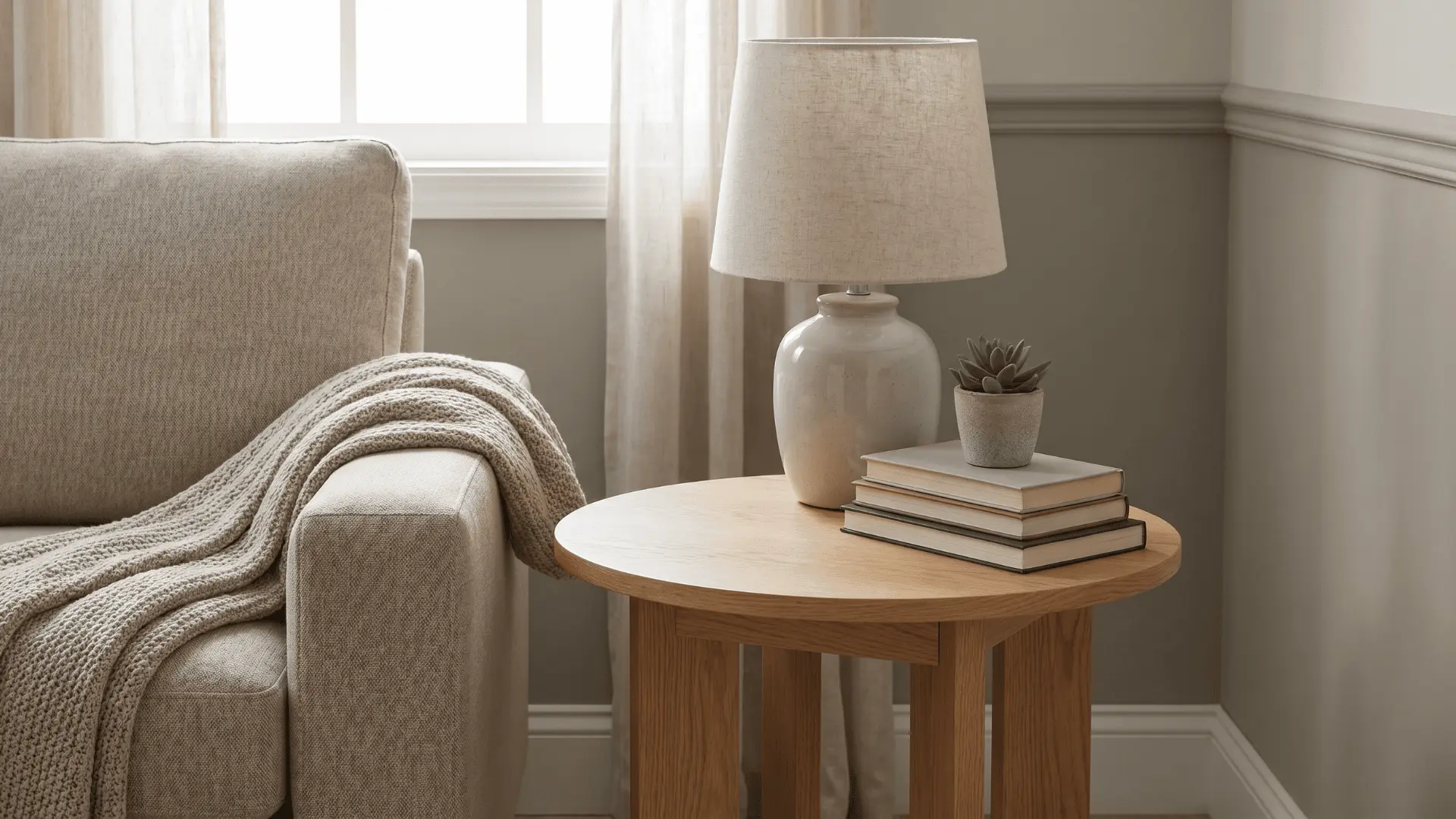 Accent table beside sofa holding lamp and small decor items