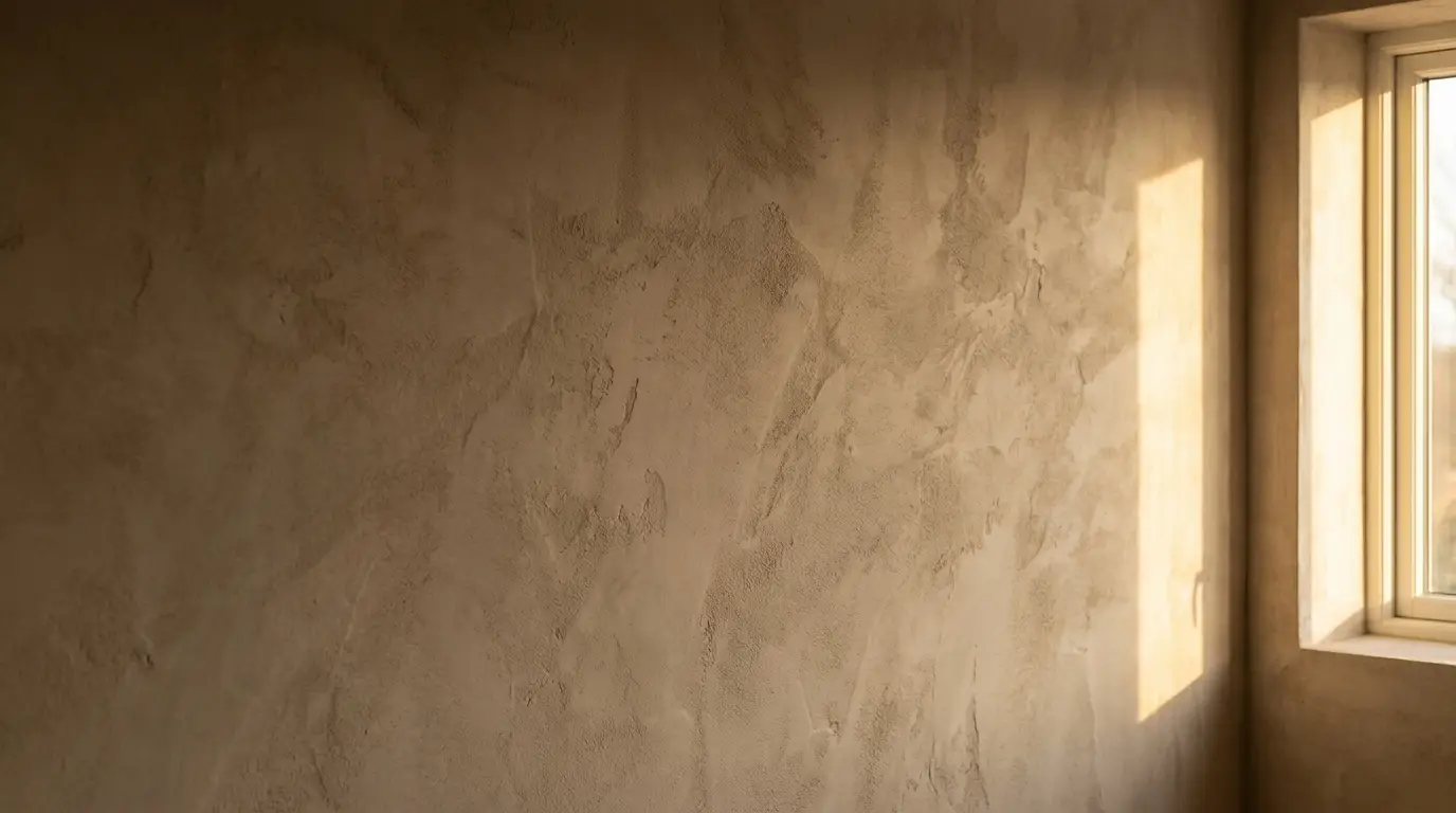 Sunlight casting shadow on textured beige wall beside window in minimal interior setting