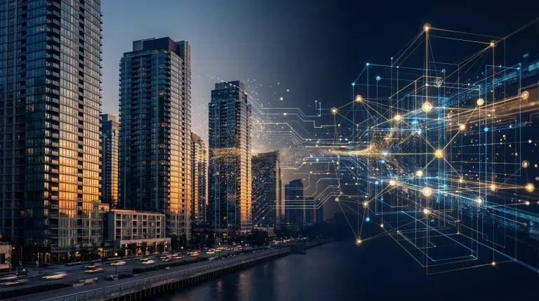 Cityscape with tall glass buildings at dusk transitioning to a digital network illustration