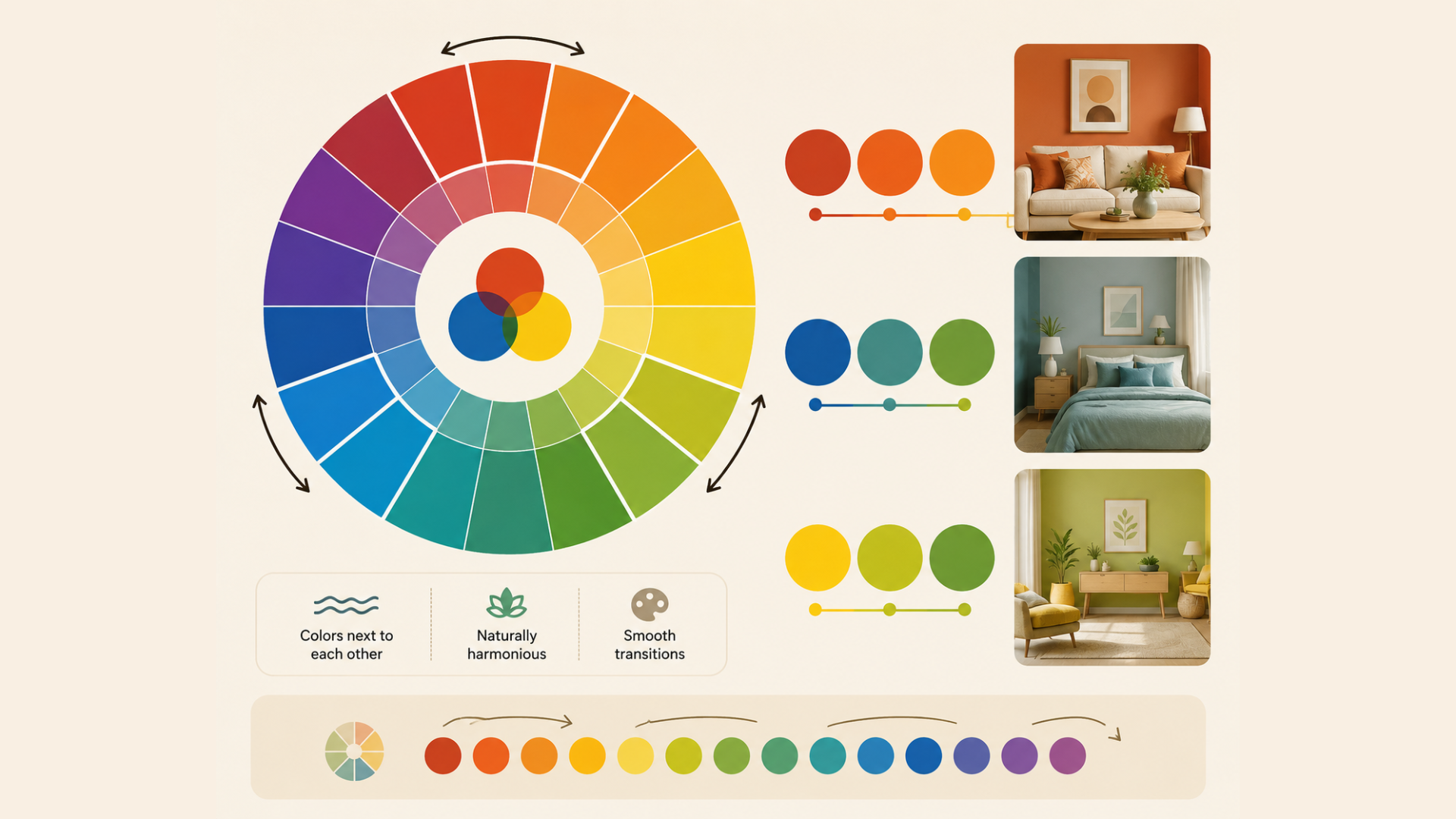 analogous color wheel infographic with room examples showing smooth color transitions and matching palettes