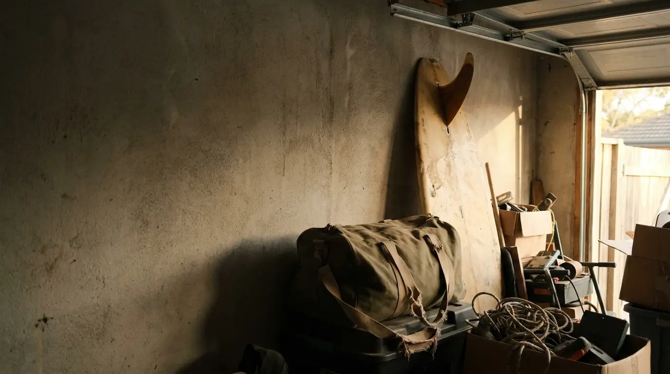 Cluttered garage with surfboard, boxes, and duffel bag under warm natural light