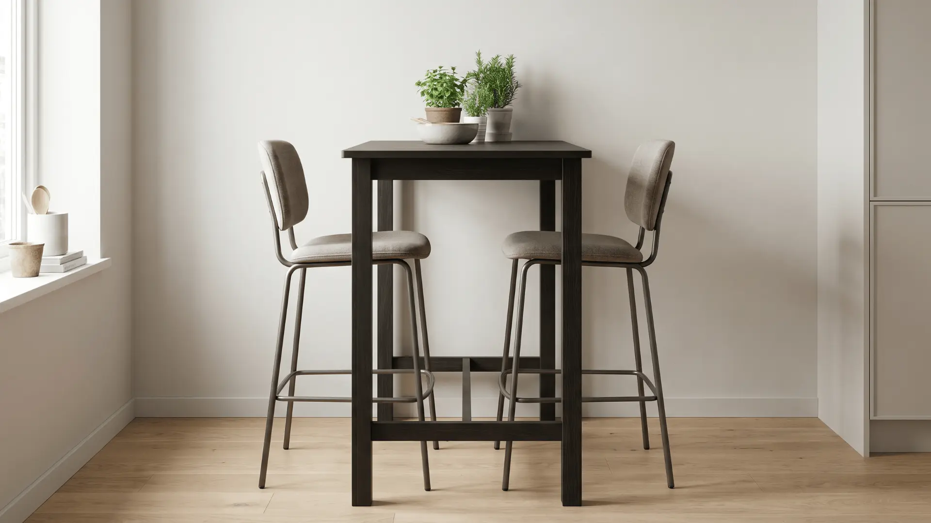 Bar table with two high stools in a dining corner